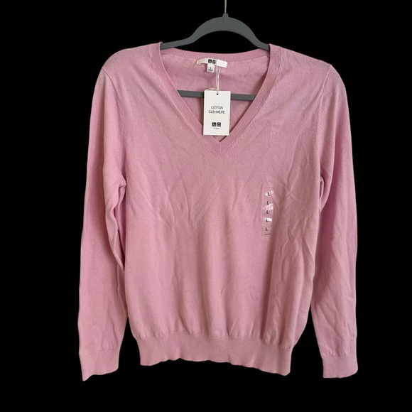 NWT Uniqlo Women’s Large Pink V Neck Cotton Cashmere Sweater work career New L - Picture 1 of 5